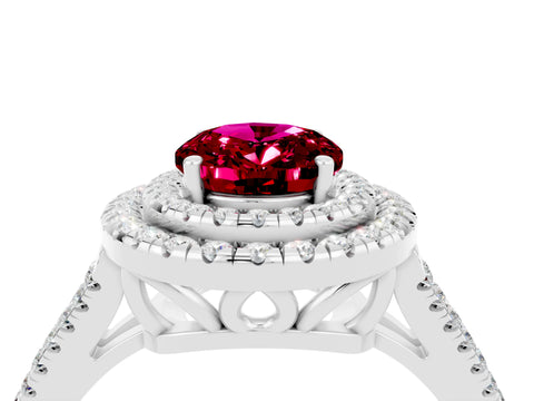 White gold Oval Cut Garnet Double Halo Ring with Pavé Band and Prong Setting_16