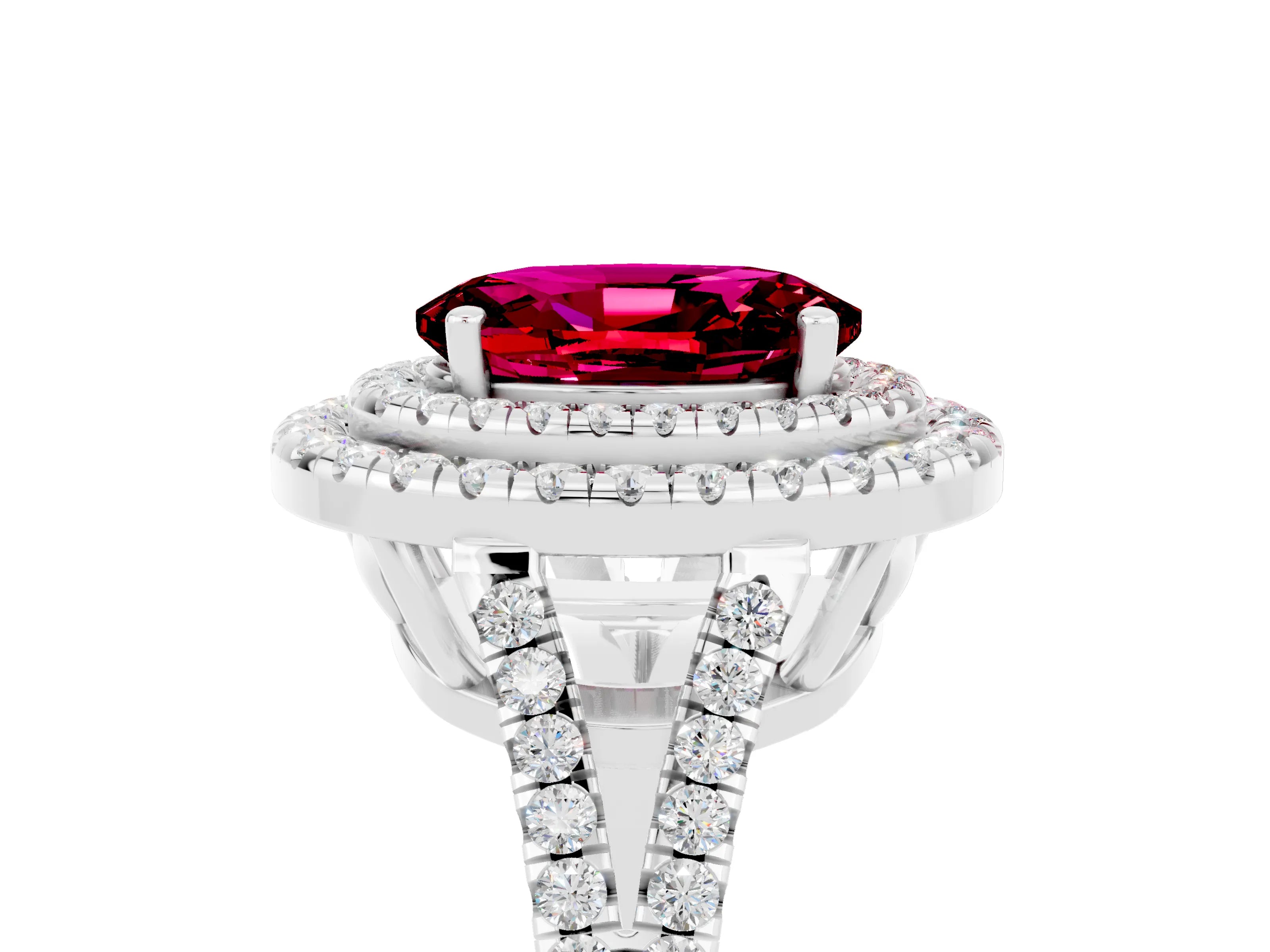 White gold Oval Cut Garnet Double Halo Ring with Pavé Band and Prong Setting_17