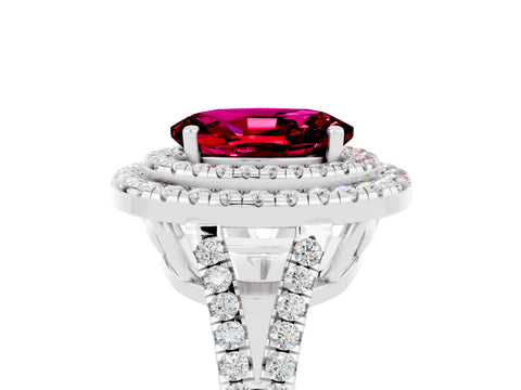 White gold Oval Cut Garnet Double Halo Ring with Pavé Band and Prong Setting_17