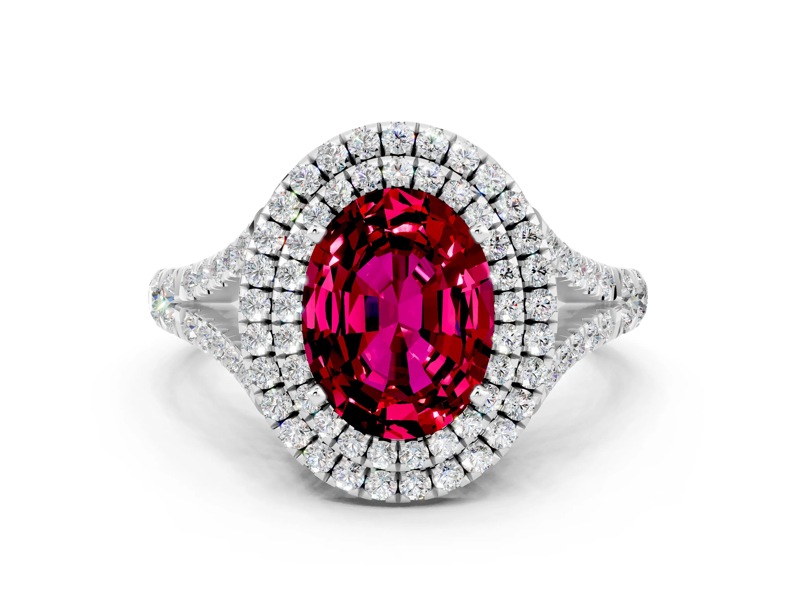 White gold Oval Cut Garnet Double Halo Ring with Split Shank and Prong Setting_12