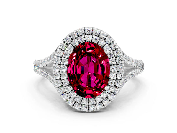 Silver Oval Cut Garnet Double Halo Ring with Split Shank and Prong Setting