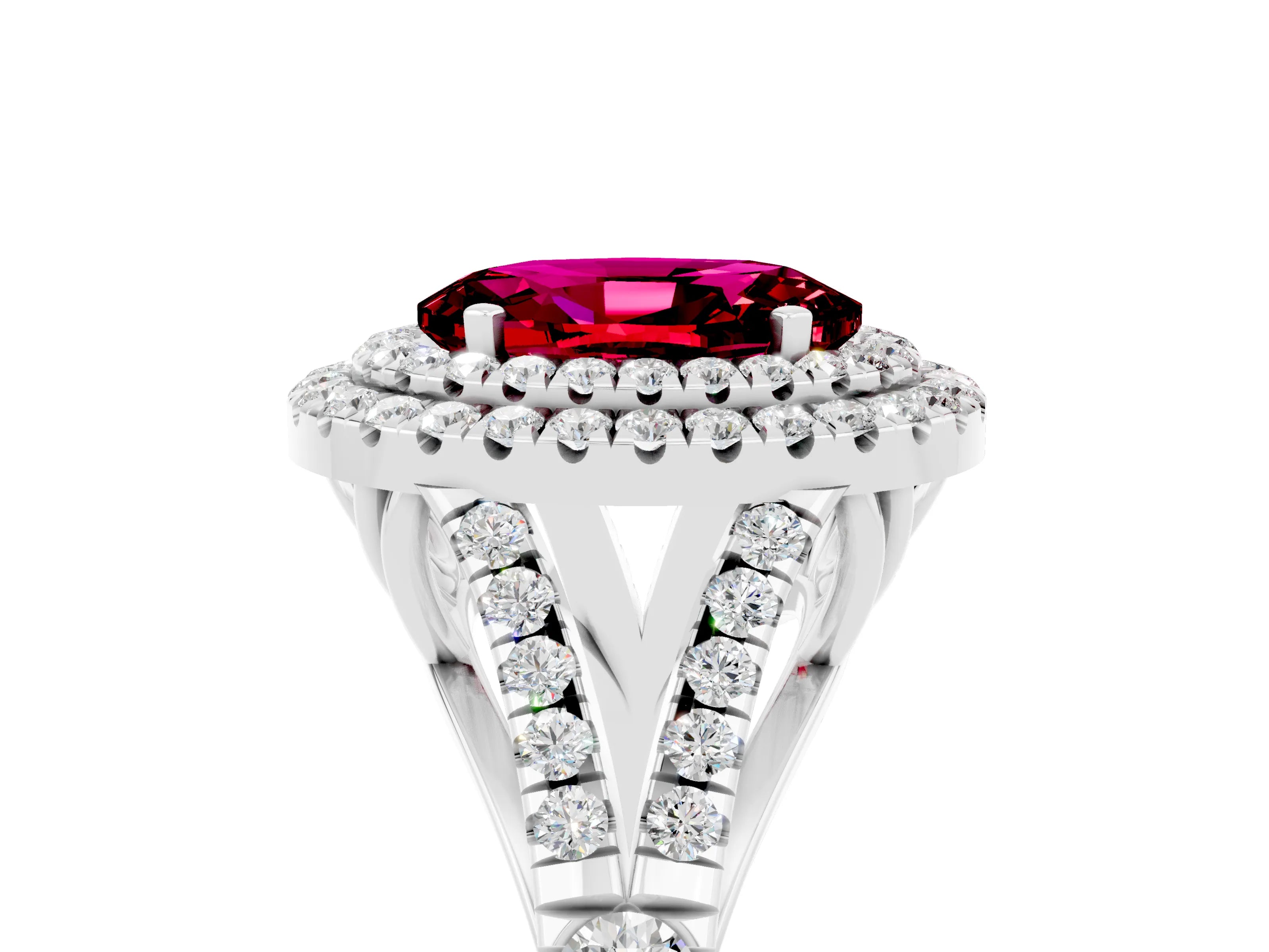 White gold Oval Cut Garnet Double Halo Ring with Split Shank and Prong Setting_17