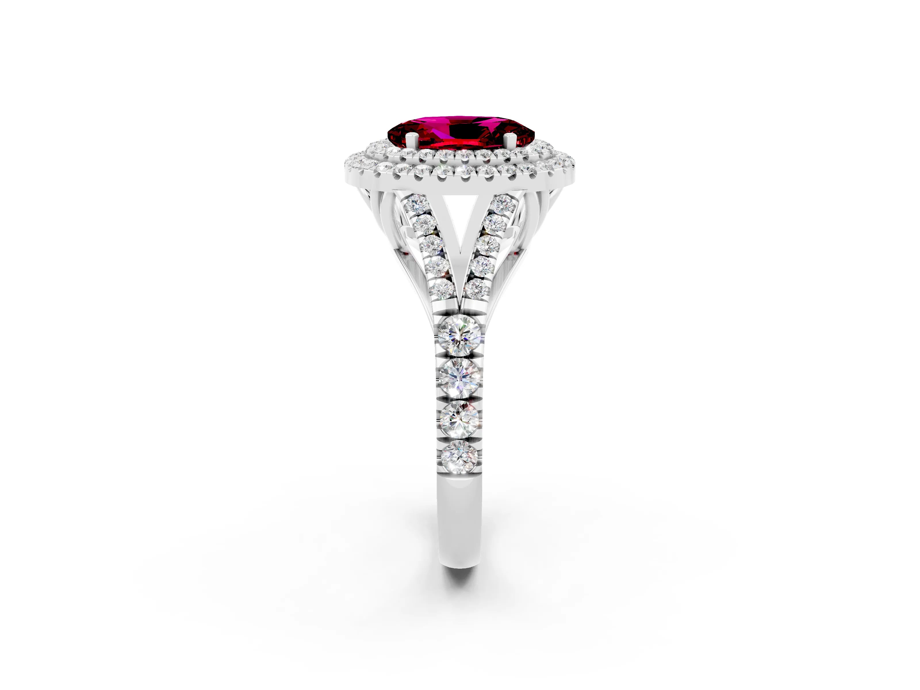 White gold Oval Cut Garnet Double Halo Ring with Split Shank and Prong Setting_26