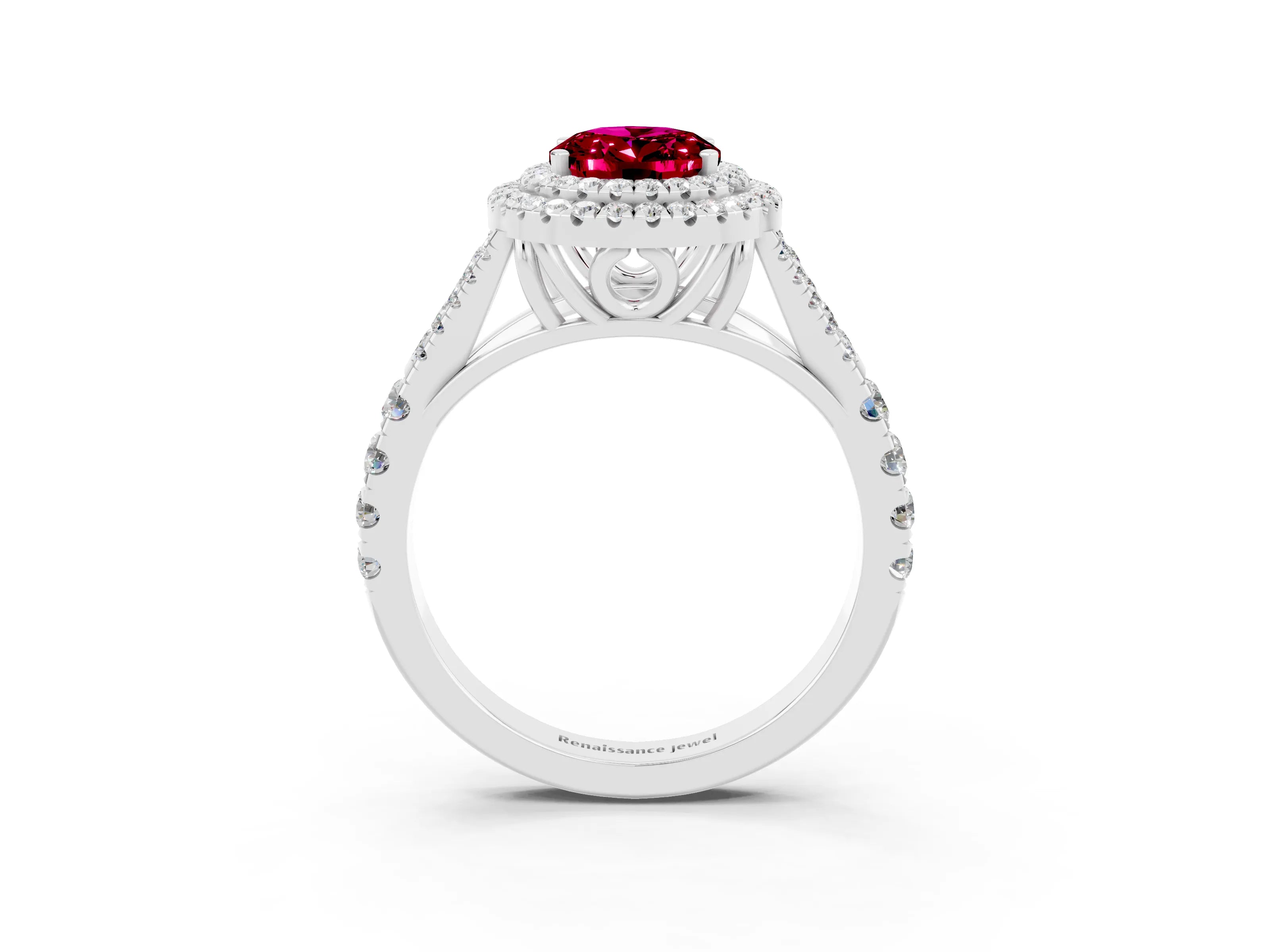 White gold Oval Cut Garnet Double Halo Ring with Split Shank and Prong Setting_27