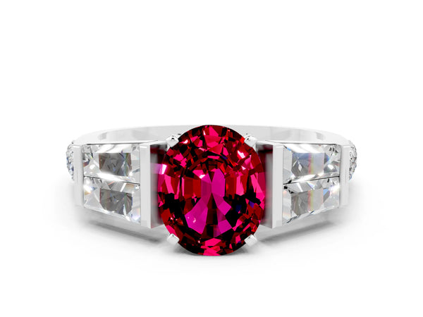 Platinum Oval Cut Garnet Engagement Ring with Baguette Side Stones and Channel Set Band
