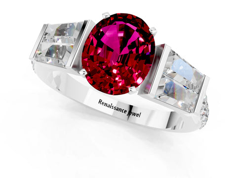 White gold Oval Cut Garnet Engagement Ring with Baguette Side Stones and Channel Set Band_1