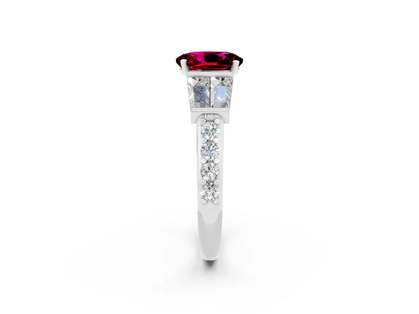 Platinum Oval Cut Garnet Engagement Ring with Baguette Side Stones and Channel Set Band