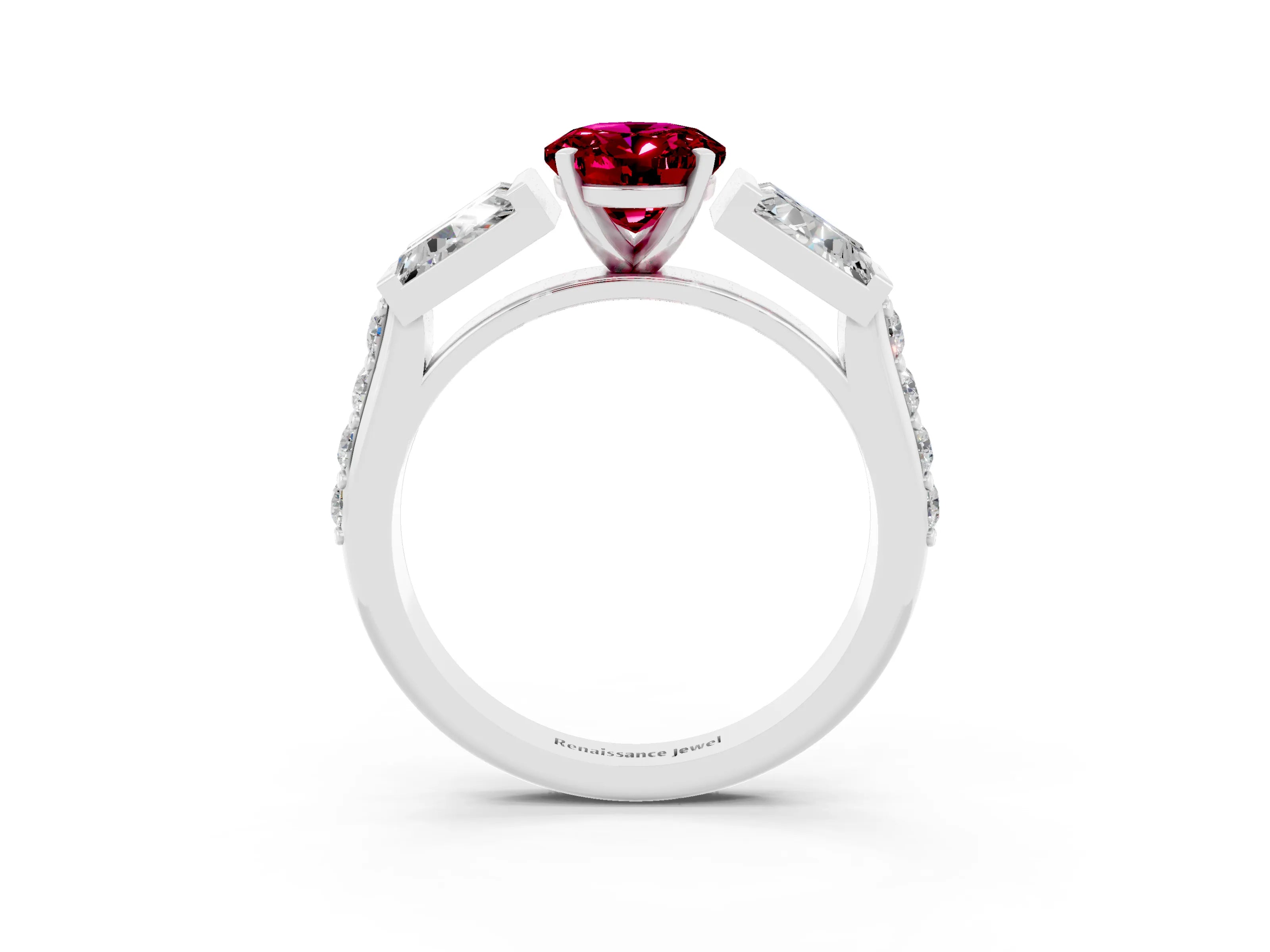 White gold Oval Cut Garnet Engagement Ring with Baguette Side Stones and Channel Set Band_3
