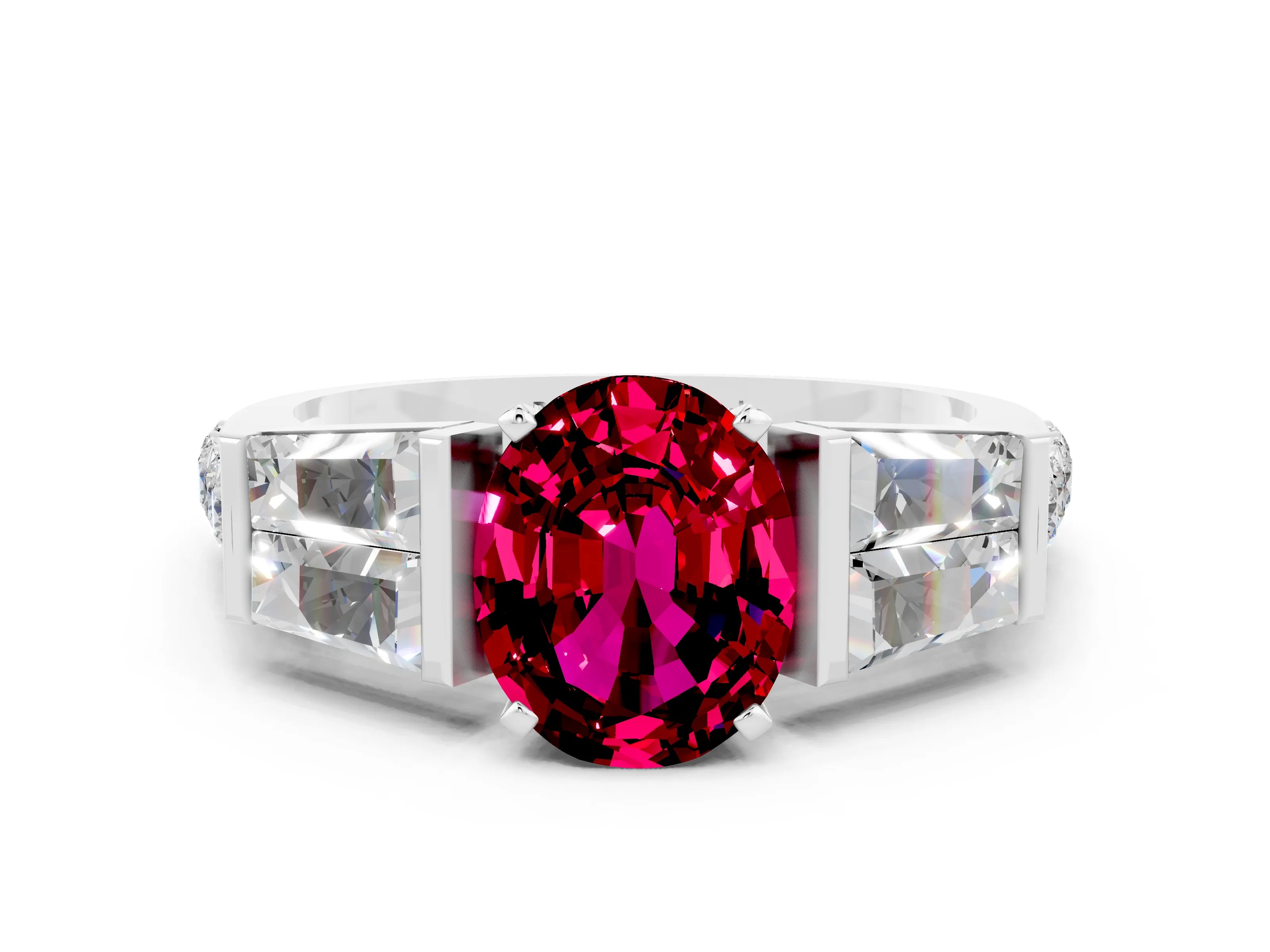 White gold Oval Cut Garnet Engagement Ring with Baguette Side Stones and Channel Set Band