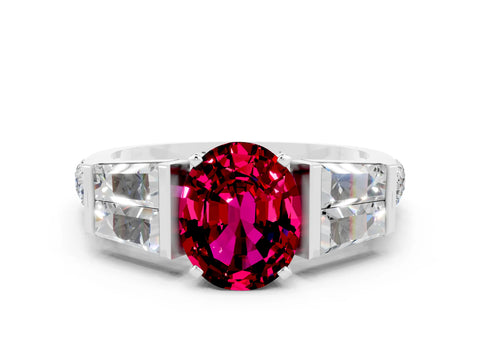 White gold Oval Cut Garnet Engagement Ring with Baguette Side Stones and Channel Set Band