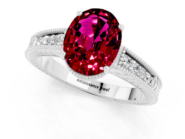 Silver Oval Cut Garnet Engagement Ring with Milgrain Channel Set Band and Prong Setting