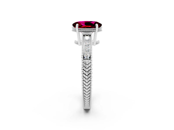 Platinum Oval Cut Garnet Engagement Ring with Milgrain Channel Set Band and Prong Setting