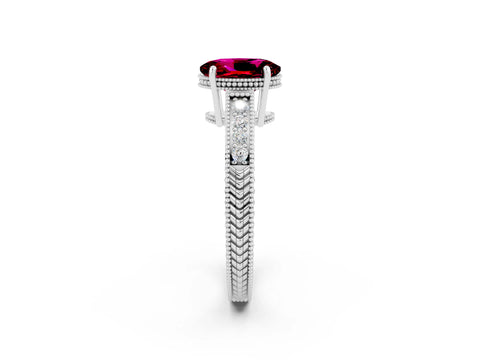 White gold Oval Cut Garnet Engagement Ring with Milgrain Channel Set Band and Prong Setting_2