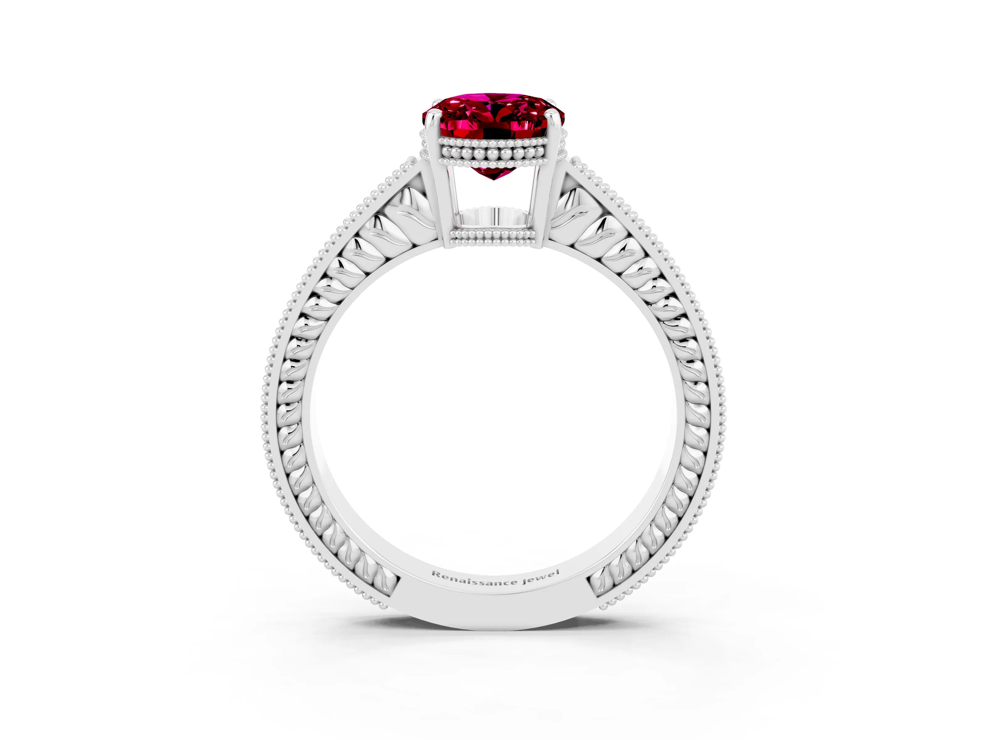 White gold Oval Cut Garnet Engagement Ring with Milgrain Channel Set Band and Prong Setting_3