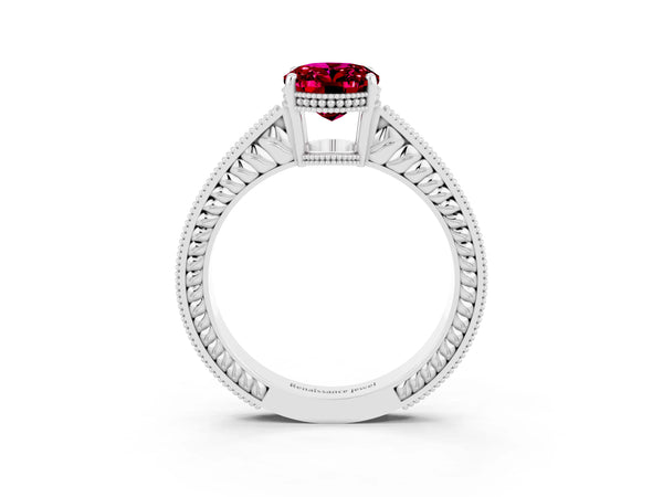 Silver Oval Cut Garnet Engagement Ring with Milgrain Channel Set Band and Prong Setting
