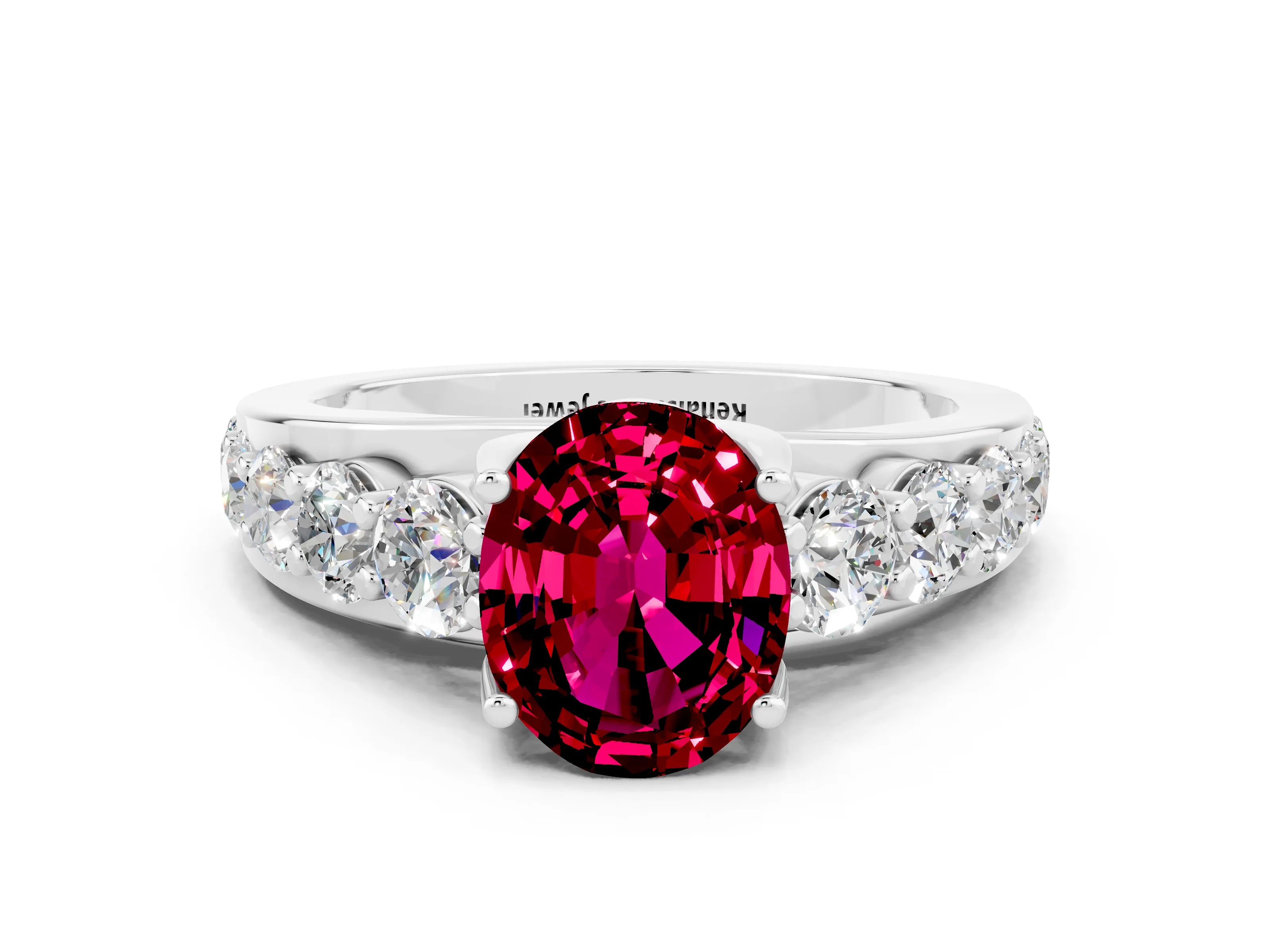 White gold Oval Cut Garnet Engagement Ring with Pavé Band and Four-Prong Setting
