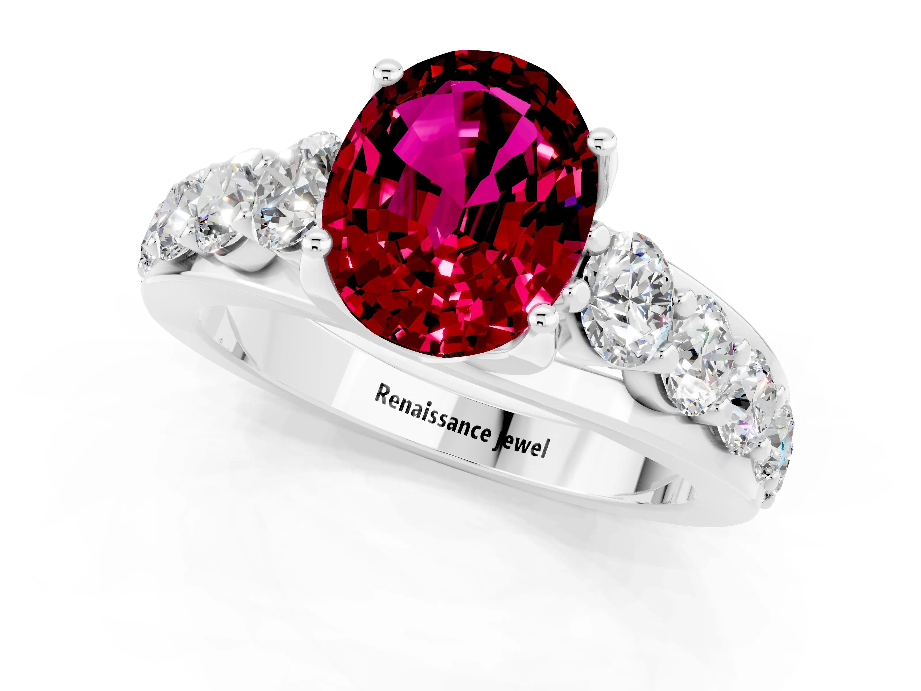 White gold Oval Cut Garnet Engagement Ring with Pavé Band and Four-Prong Setting_1