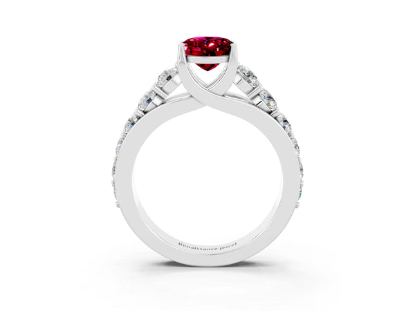 Platinum Oval Cut Garnet Engagement Ring with Pavé Band and Four-Prong Setting