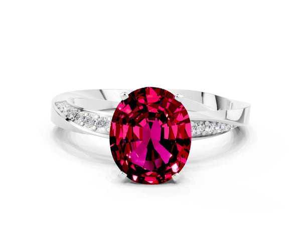 Silver Oval Cut Garnet Engagement Ring with Side Stone Accents and Four-Prong Setting
