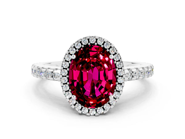 Platinum Oval Cut Garnet Halo Engagement Ring with Pavé Band and Prong Setting