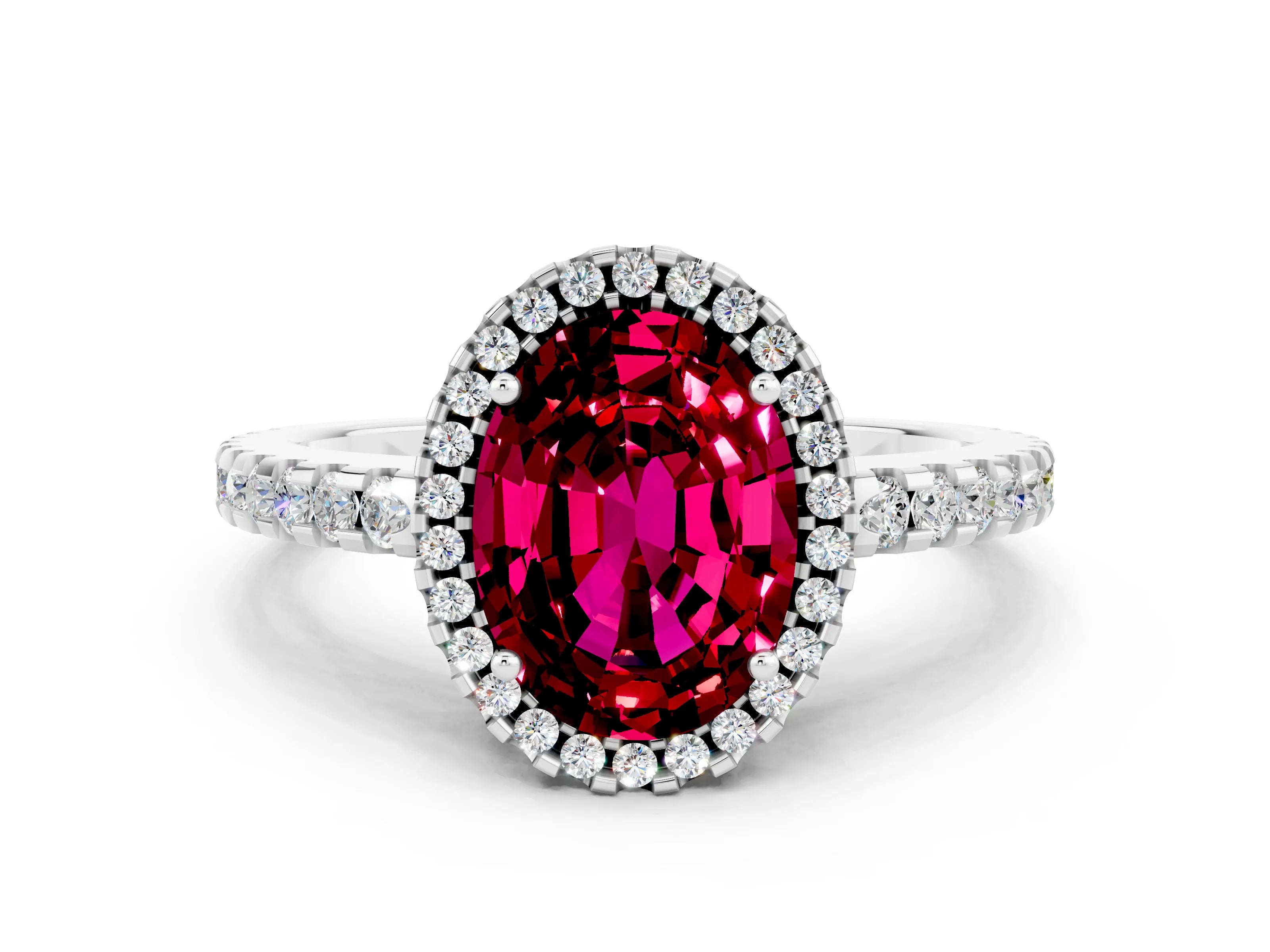 White gold Oval Cut Garnet Halo Engagement Ring with Pavé Band and Prong Setting_12