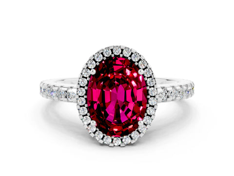 White gold Oval Cut Garnet Halo Engagement Ring with Pavé Band and Prong Setting_12