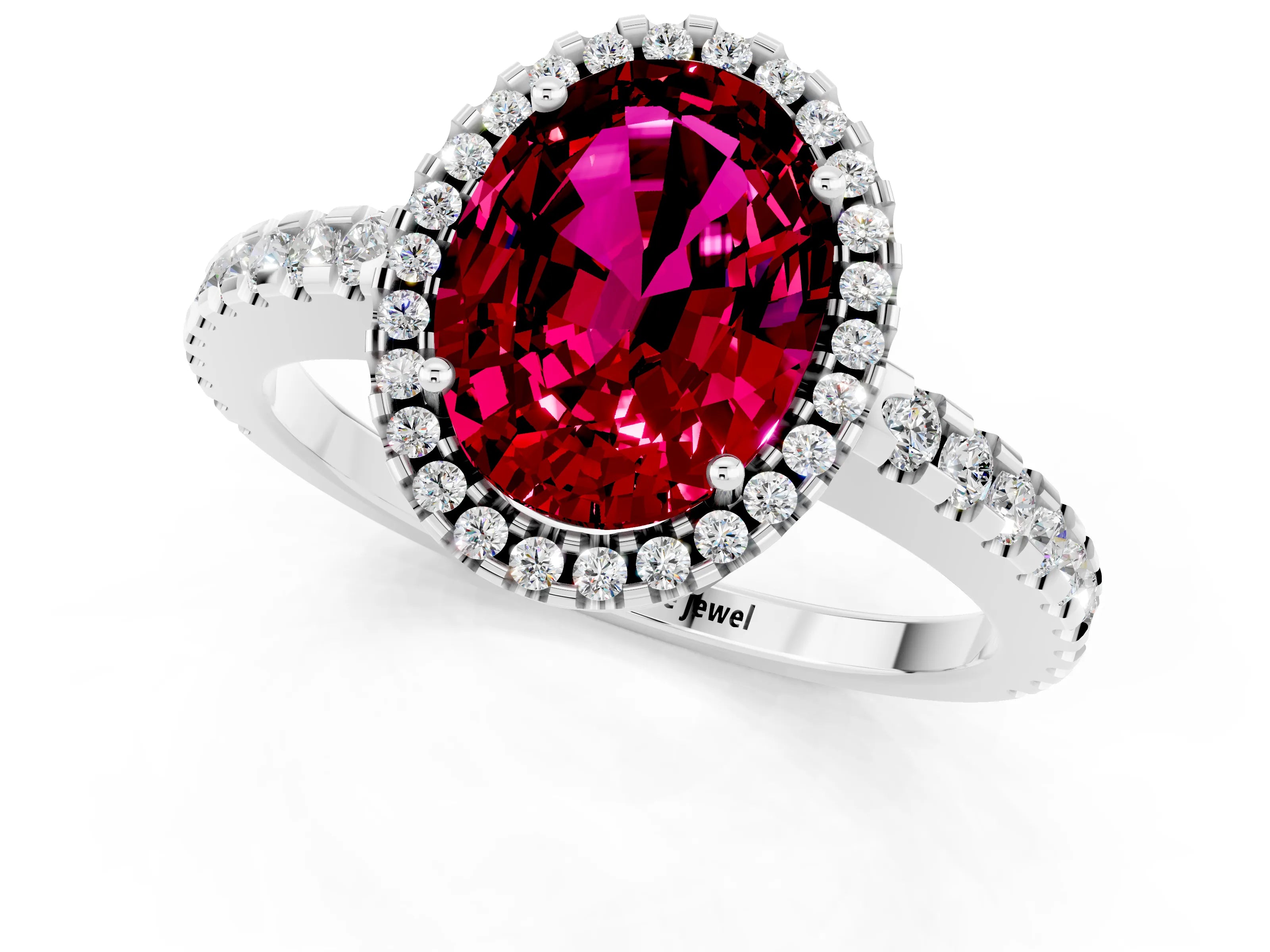White gold Oval Cut Garnet Halo Engagement Ring with Pavé Band and Prong Setting_13