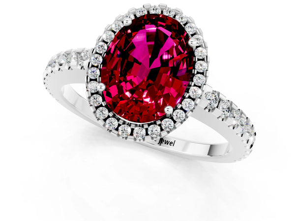 Silver Oval Cut Garnet Halo Engagement Ring with Pavé Band and Prong Setting