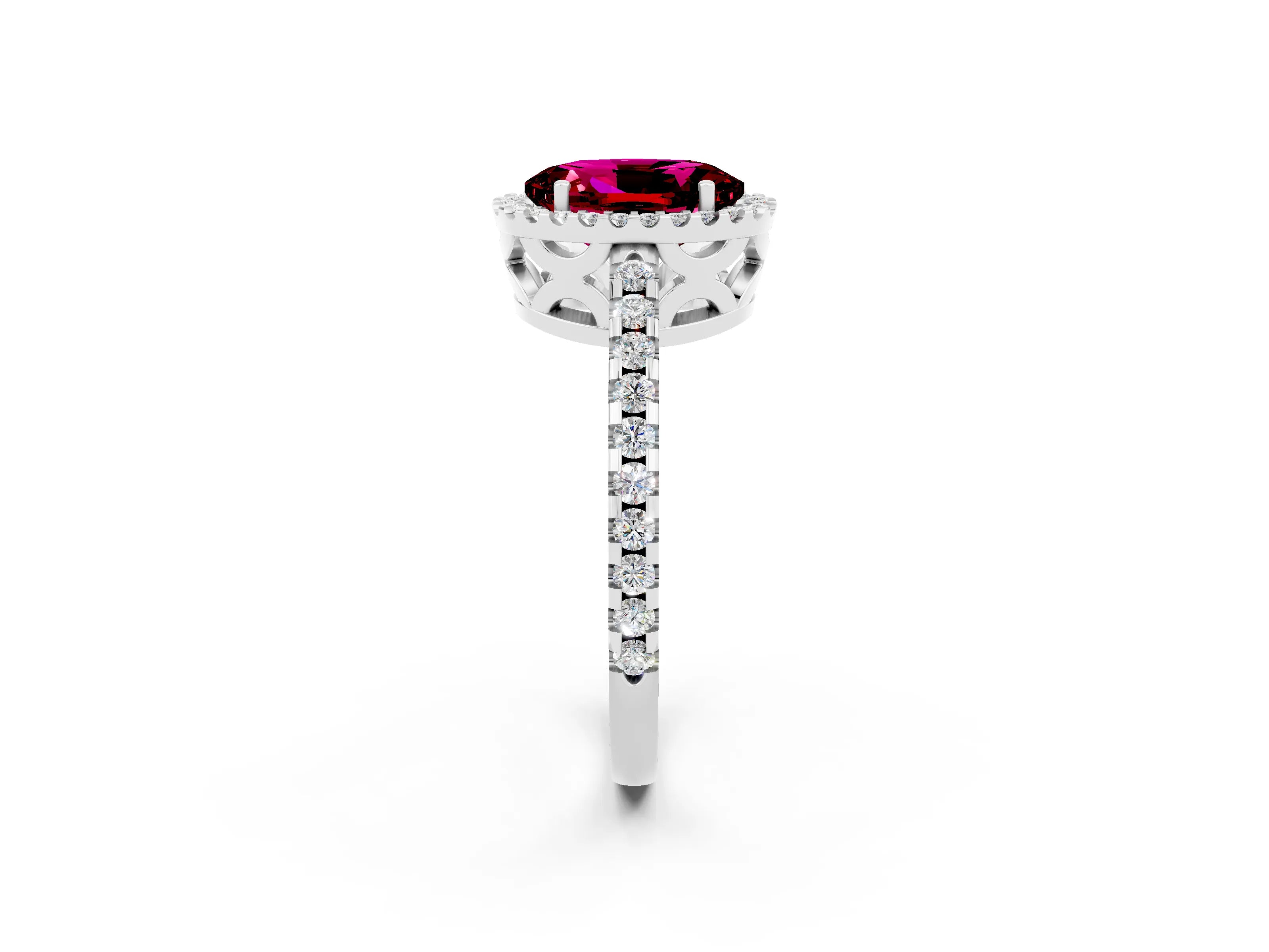 White gold Oval Cut Garnet Halo Engagement Ring with Pavé Band and Prong Setting_14