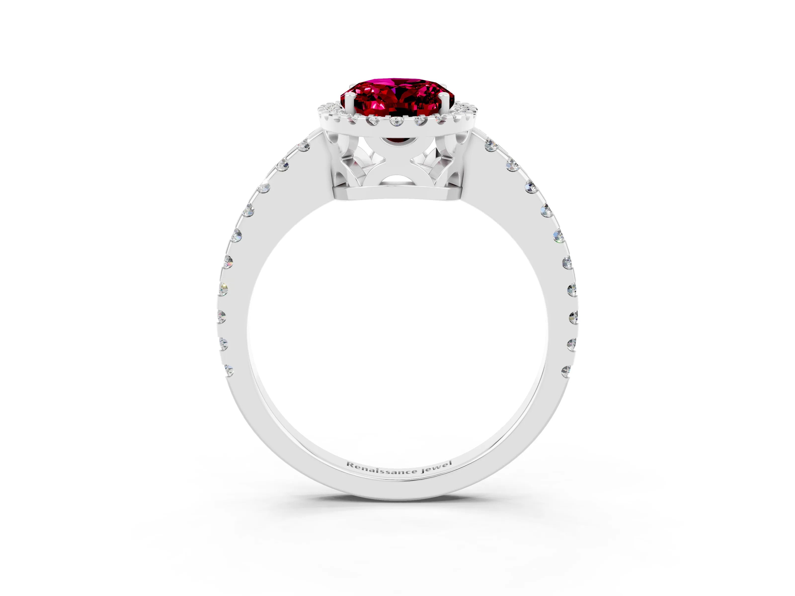 White gold Oval Cut Garnet Halo Engagement Ring with Pavé Band and Prong Setting_15