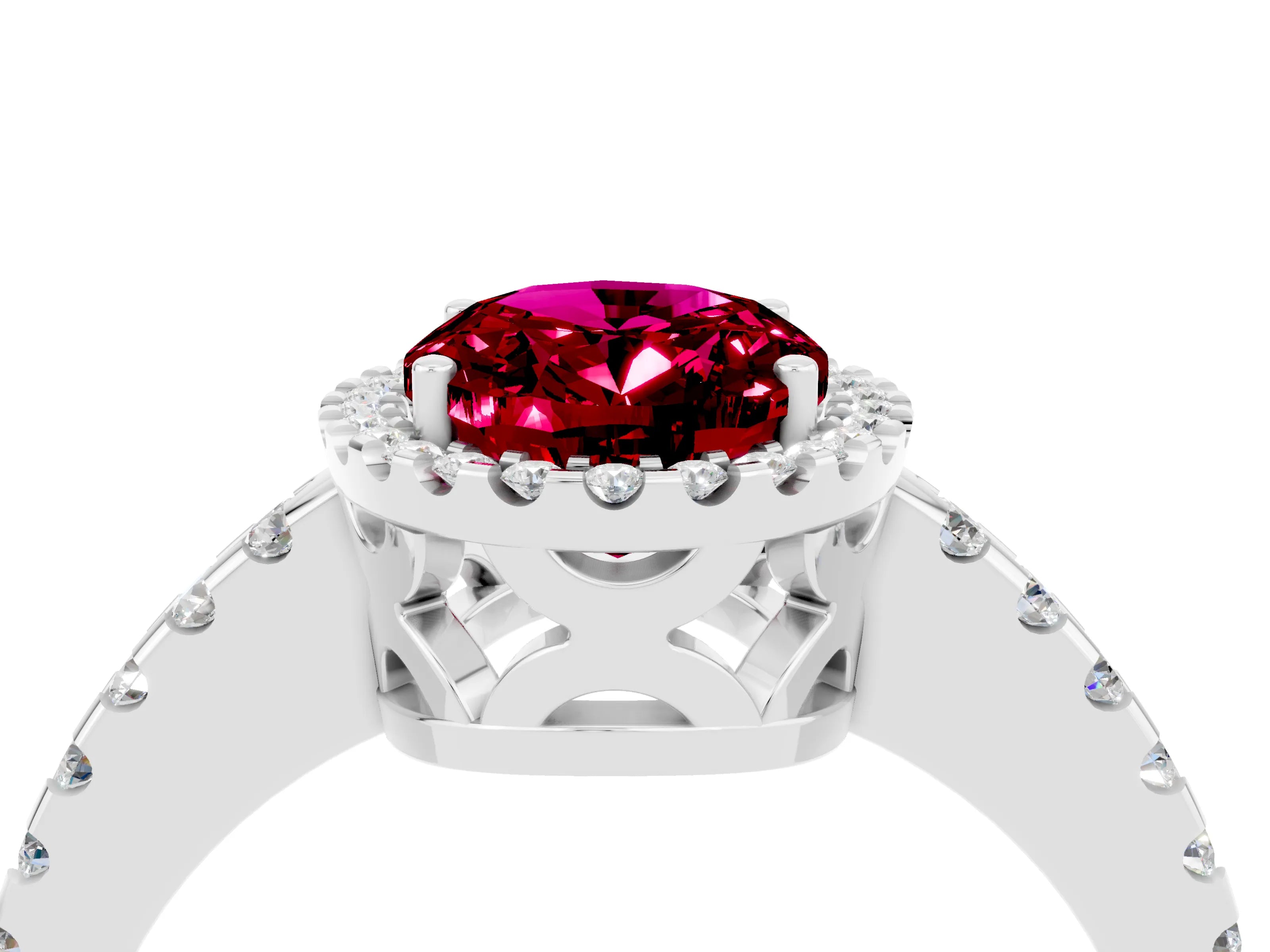 White gold Oval Cut Garnet Halo Engagement Ring with Pavé Band and Prong Setting_16