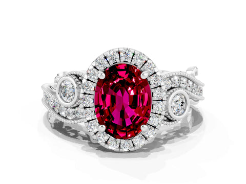 White gold Oval Cut Garnet Halo Ring with Milgrain Pavé Band and Four-Prong Setting_24