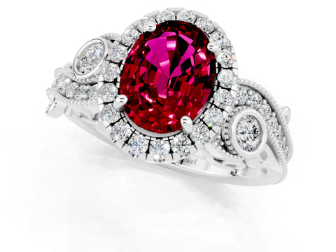 White gold Oval Cut Garnet Halo Ring with Milgrain Pavé Band and Four-Prong Setting_25