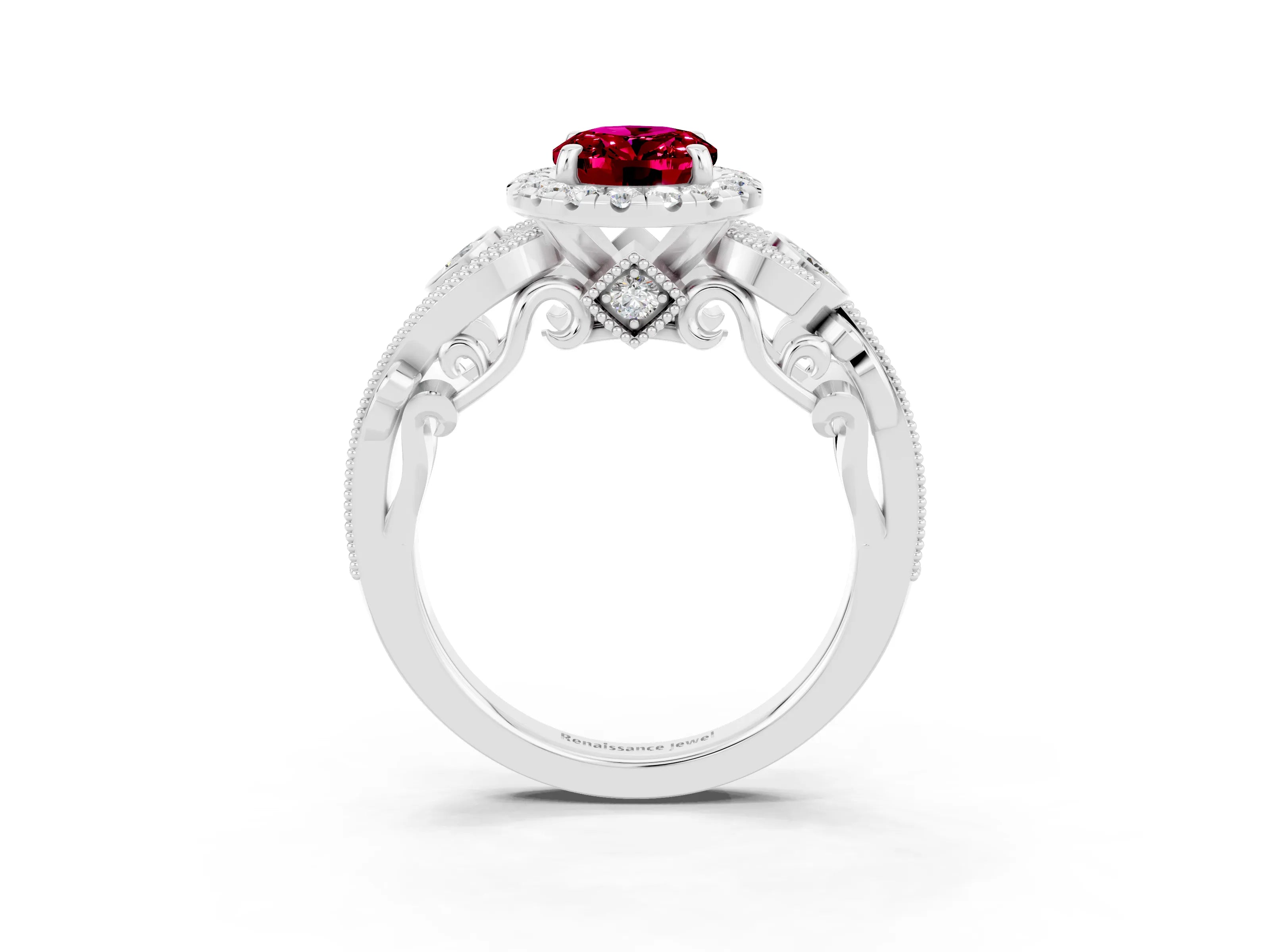 White gold Oval Cut Garnet Halo Ring with Milgrain Pavé Band and Four-Prong Setting_26