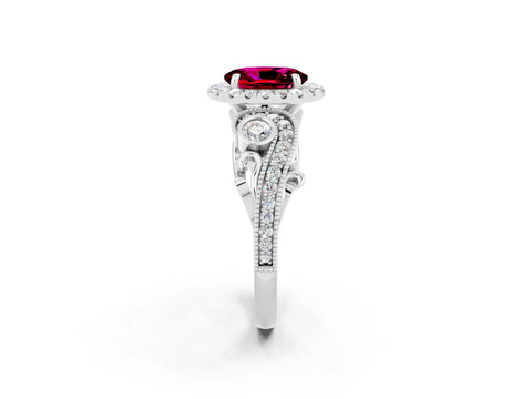 White gold Oval Cut Garnet Halo Ring with Milgrain Pavé Band and Four-Prong Setting_26