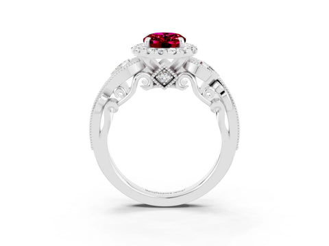 White gold Oval Cut Garnet Halo Ring with Milgrain Pavé Band and Four-Prong Setting_27