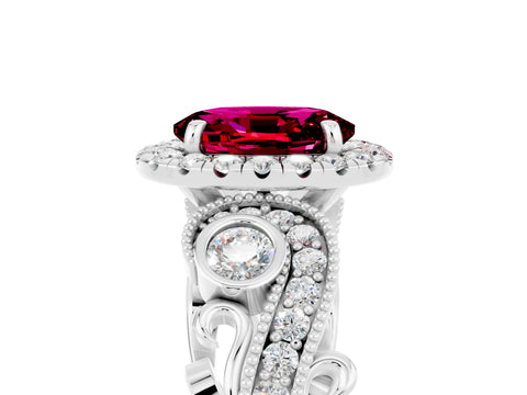 White gold Oval Cut Garnet Halo Ring with Milgrain Pavé Band and Four-Prong Setting_29