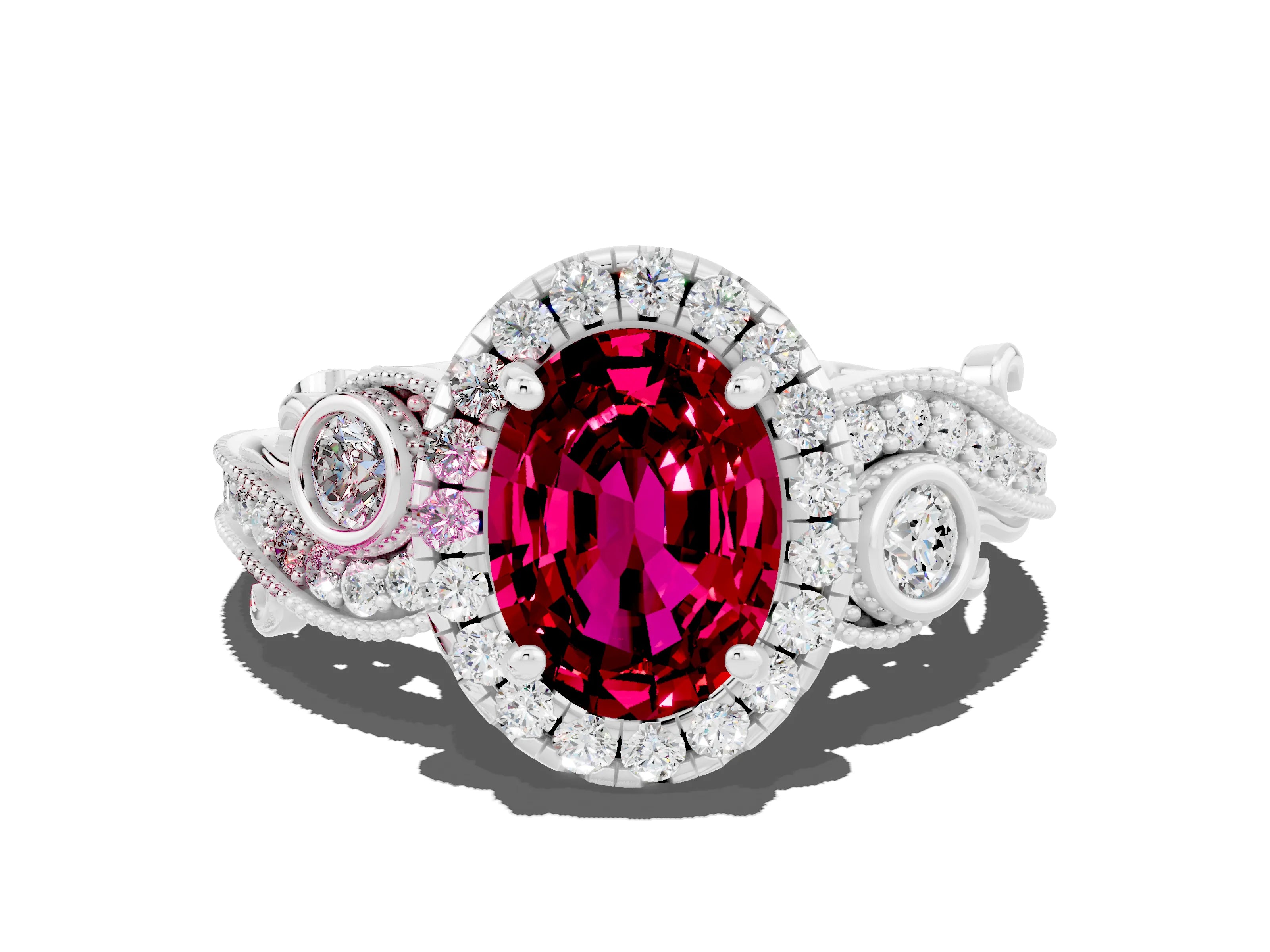 White gold Oval Cut Garnet Halo Ring with Milgrain Pavé Band and Four-Prong Setting_36