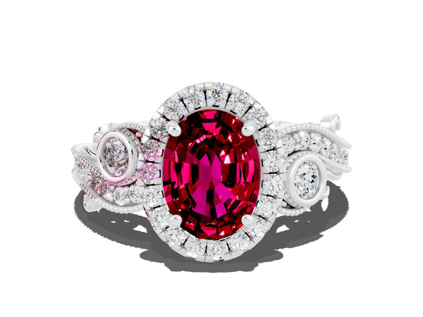 Platinum Oval Cut Garnet Halo Ring with Milgrain Pavé Band and Four-Prong Setting