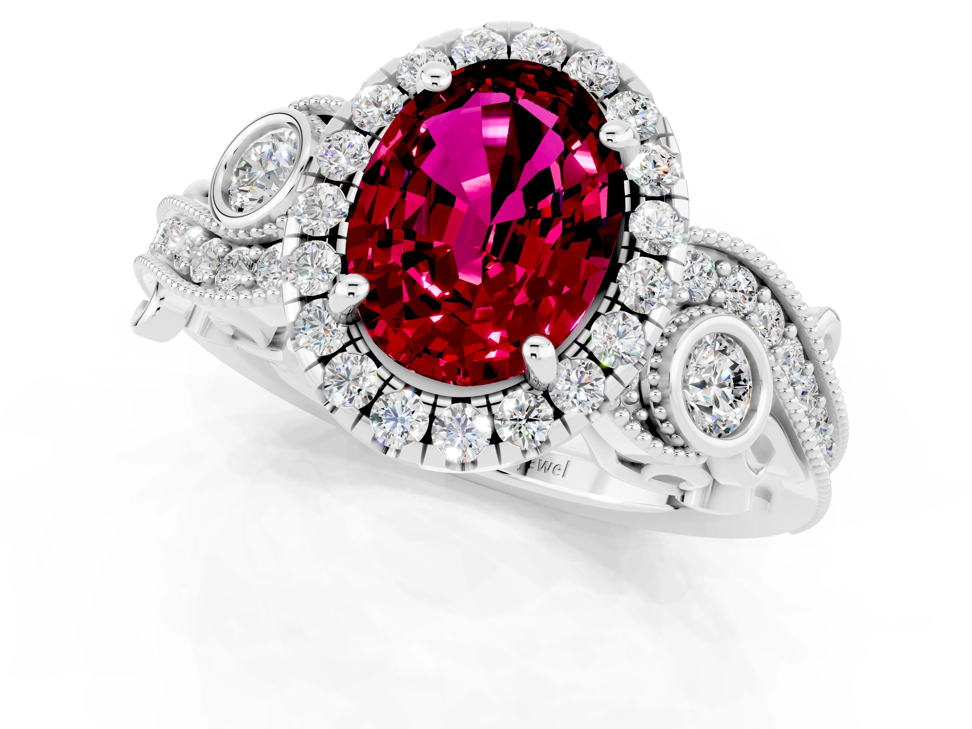 White gold Oval Cut Garnet Halo Ring with Milgrain Pavé Band and Four-Prong Setting_37