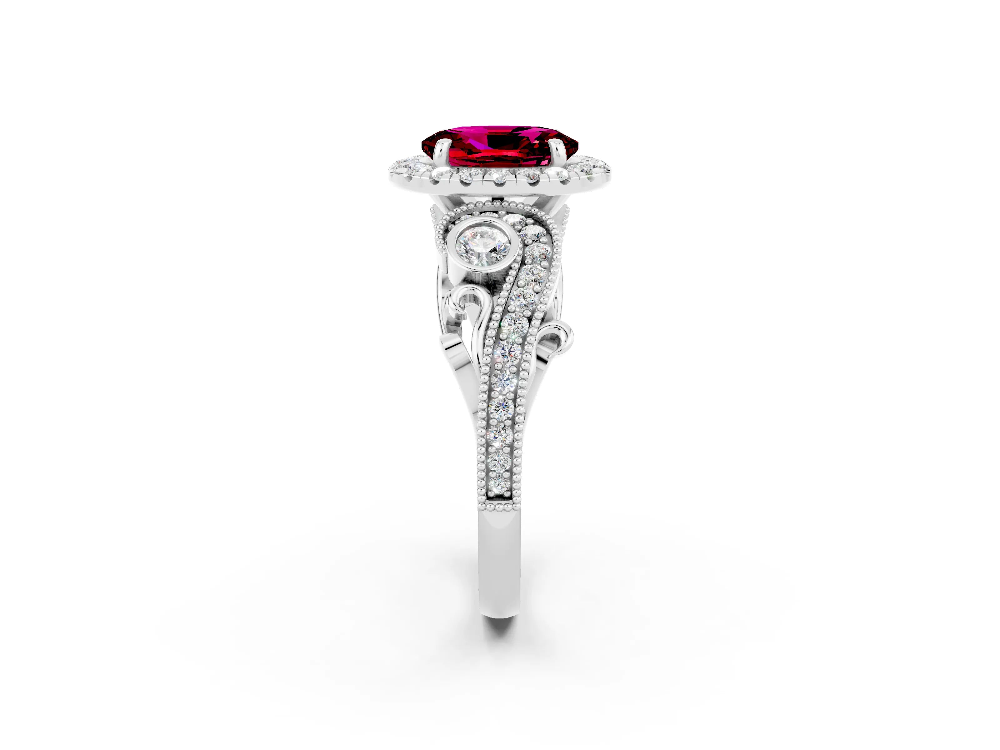 White gold Oval Cut Garnet Halo Ring with Milgrain Pavé Band and Four-Prong Setting_38