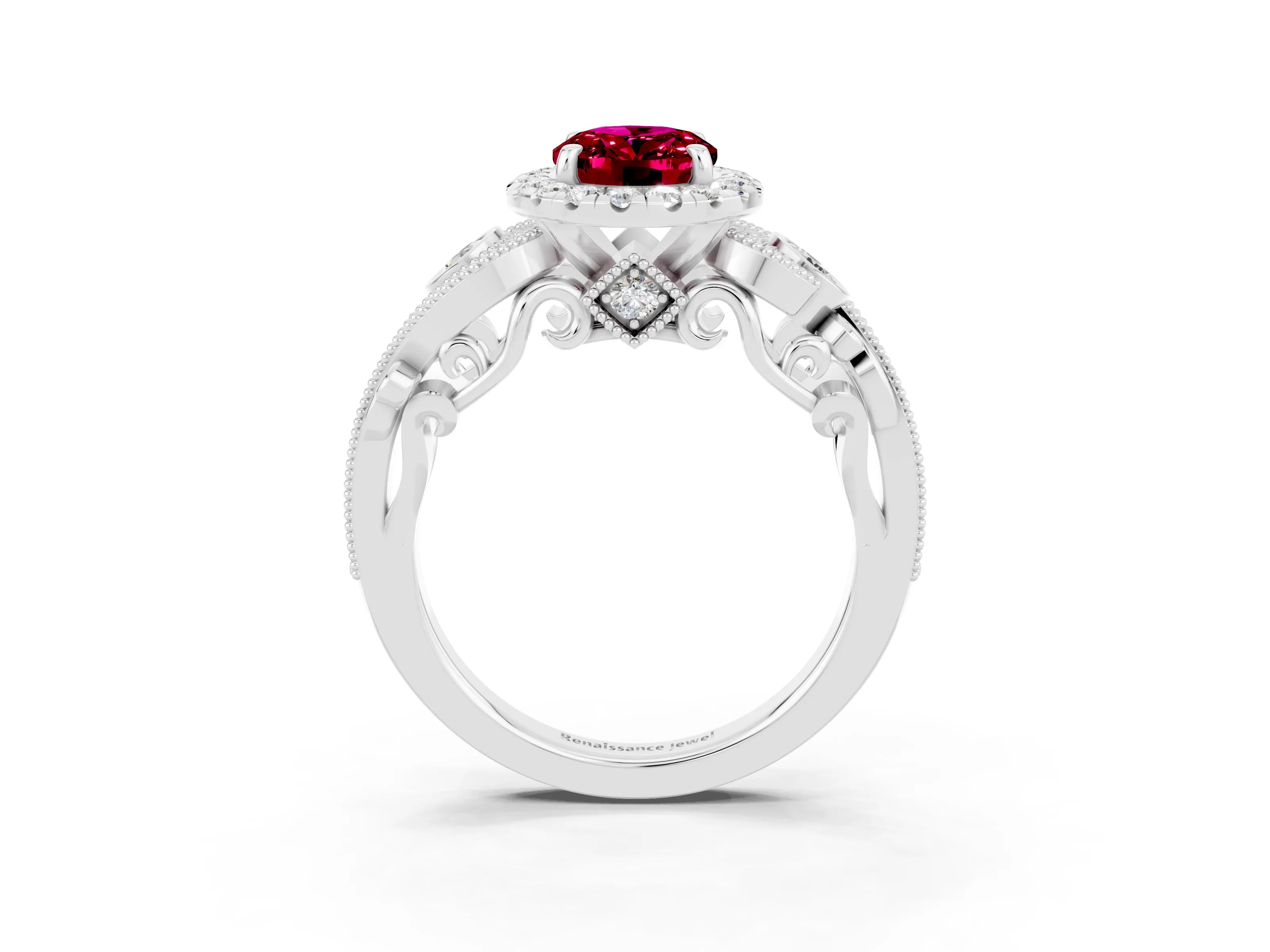 White gold Oval Cut Garnet Halo Ring with Milgrain Pavé Band and Four-Prong Setting_39