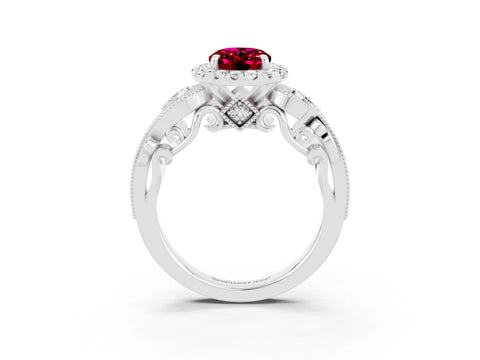 White gold Oval Cut Garnet Halo Ring with Milgrain Pavé Band and Four-Prong Setting_39