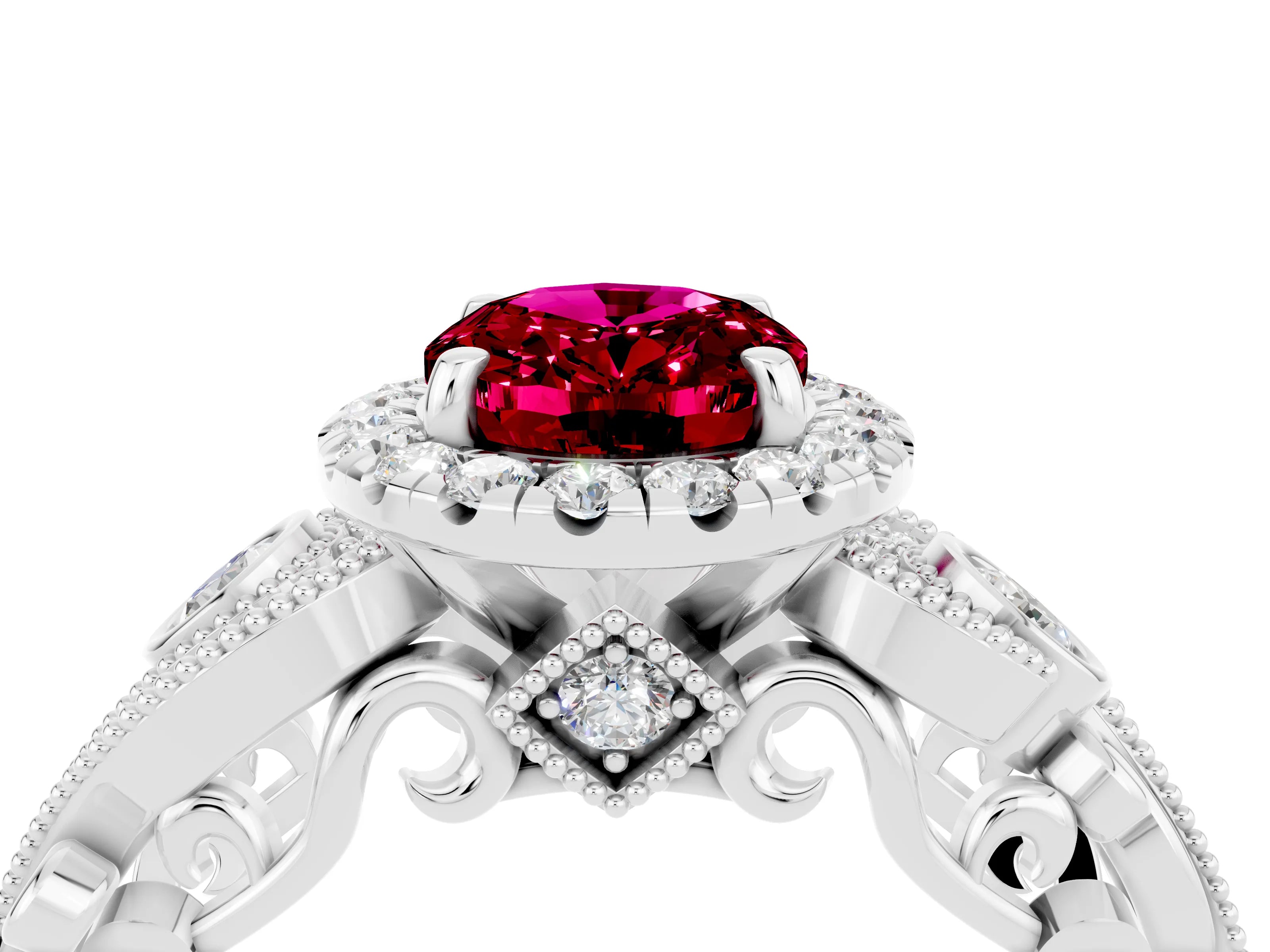 White gold Oval Cut Garnet Halo Ring with Milgrain Pavé Band and Four-Prong Setting_40
