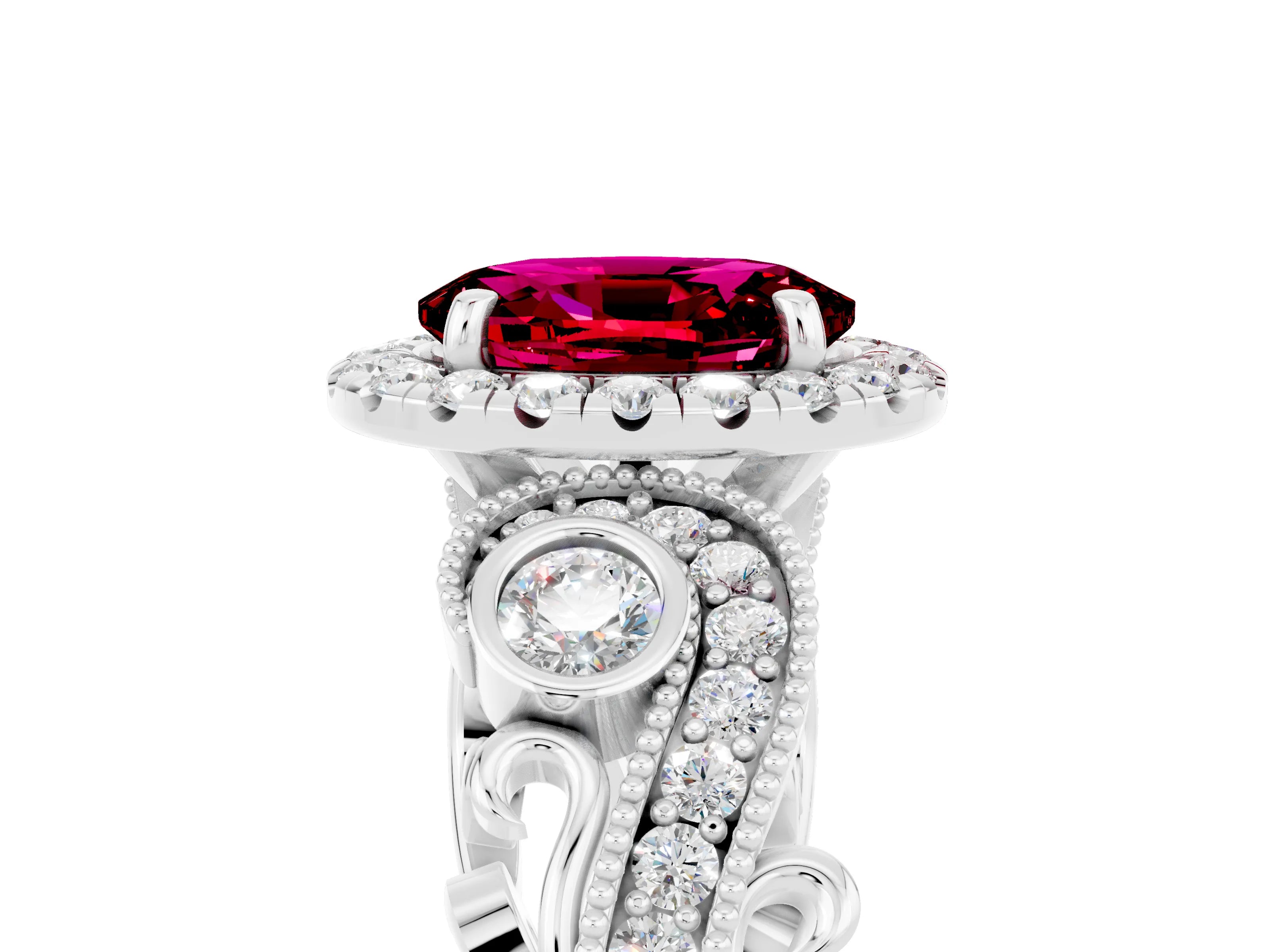 White gold Oval Cut Garnet Halo Ring with Milgrain Pavé Band and Four-Prong Setting_41