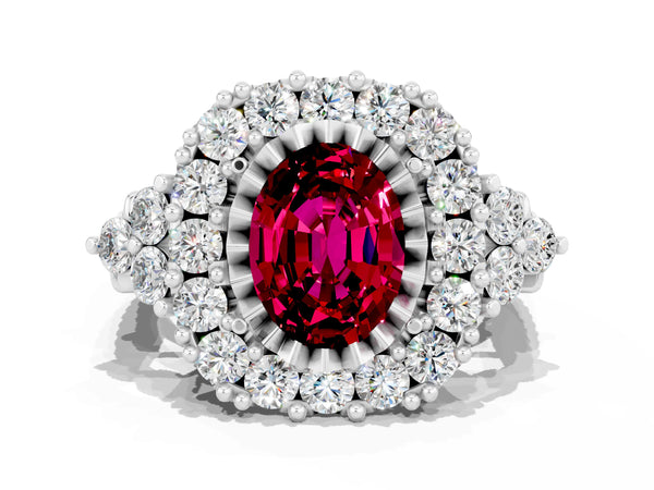 White gold Oval Cut Garnet Halo Ring with Pavé Band and Four-Prong Setting