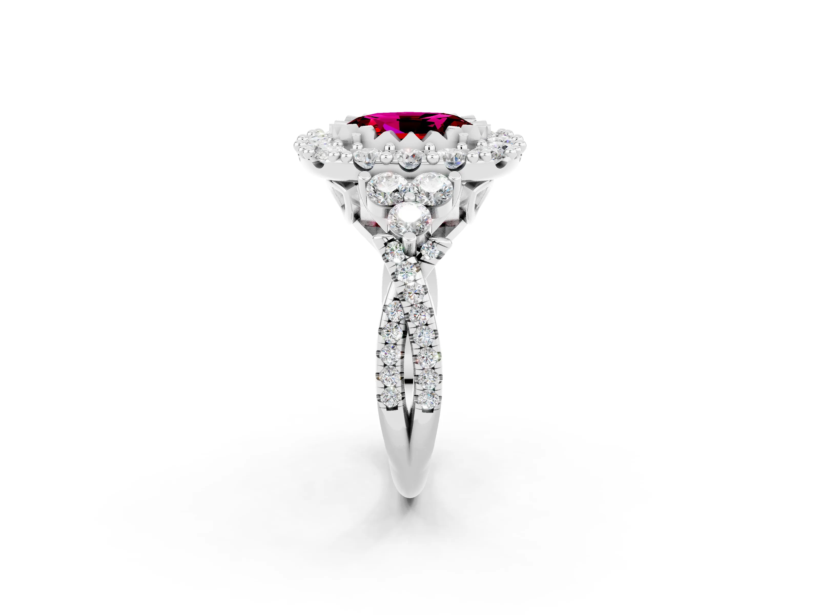 White gold Oval Cut Garnet Halo Ring with Pavé Band and Four-Prong Setting_32