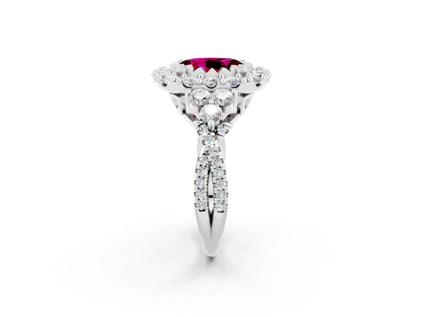 White gold Oval Cut Garnet Halo Ring with Pavé Band and Four-Prong Setting