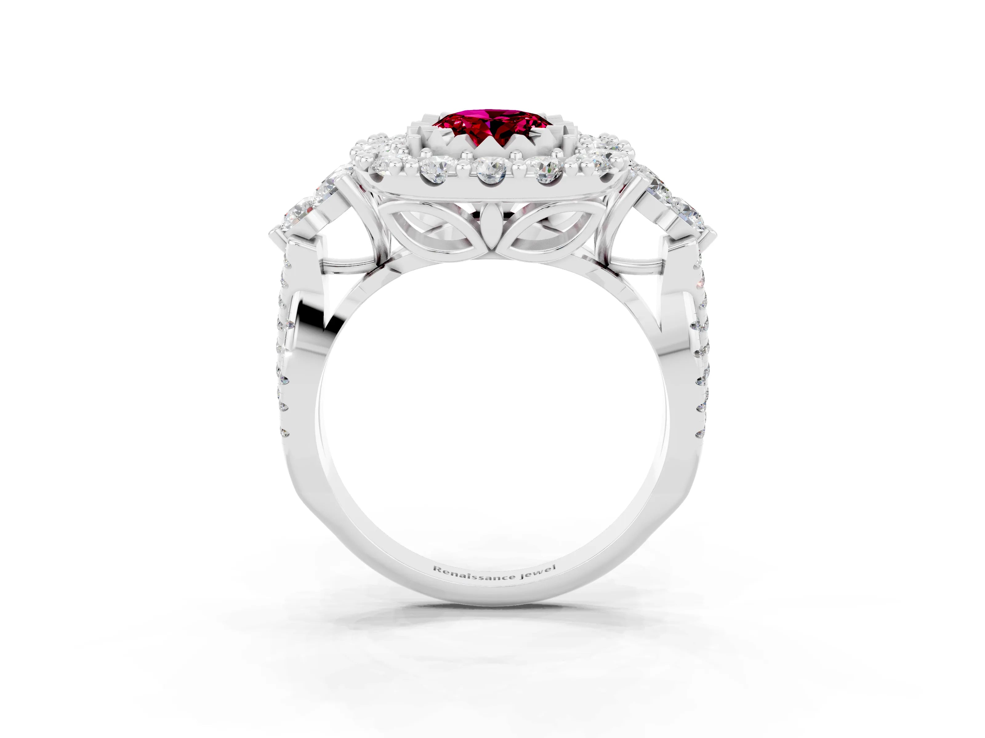 White gold Oval Cut Garnet Halo Ring with Pavé Band and Four-Prong Setting_33