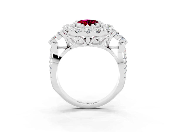 Platinum Oval Cut Garnet Halo Ring with Pavé Band and Four-Prong Setting